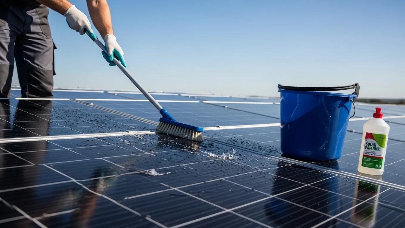 Homeowner cleaning solar panels, emphasizing maintenance tips for optimal performance