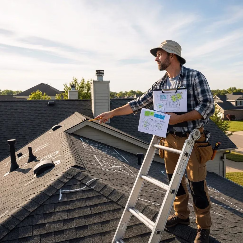 Homeowner inspecting a roof to check orientation and shading for solar panel suitability