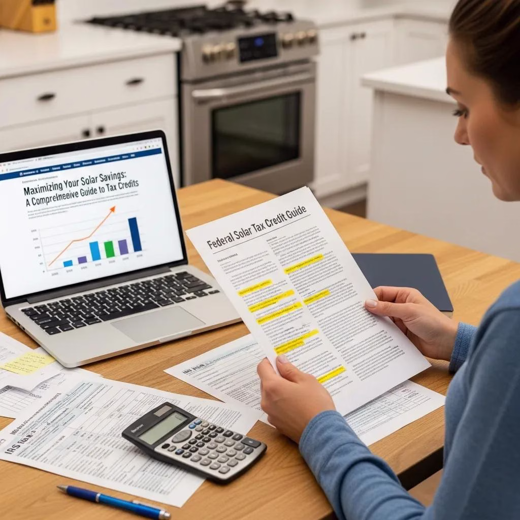 Homeowner reviewing tax documents and solar paperwork at a kitchen table