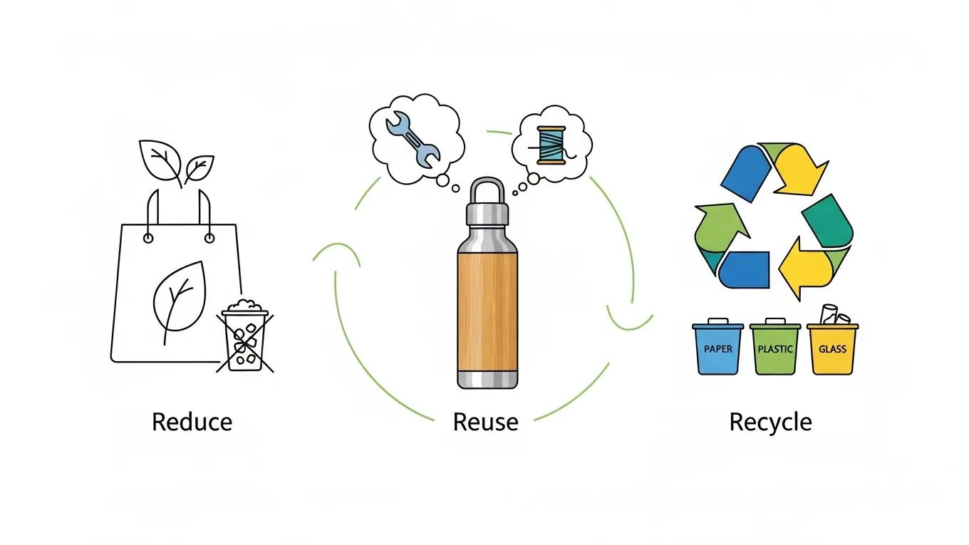 Illustration of circular economy principles: Reduce, Reuse, Recycle