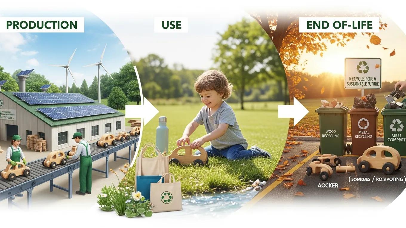 A simple diagram showing stages of a product lifecycle from raw materials to reuse and recycling