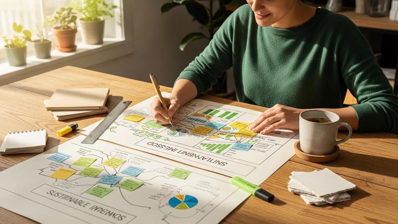 Individual creating a sustainable investing roadmap with eco-friendly materials on a table