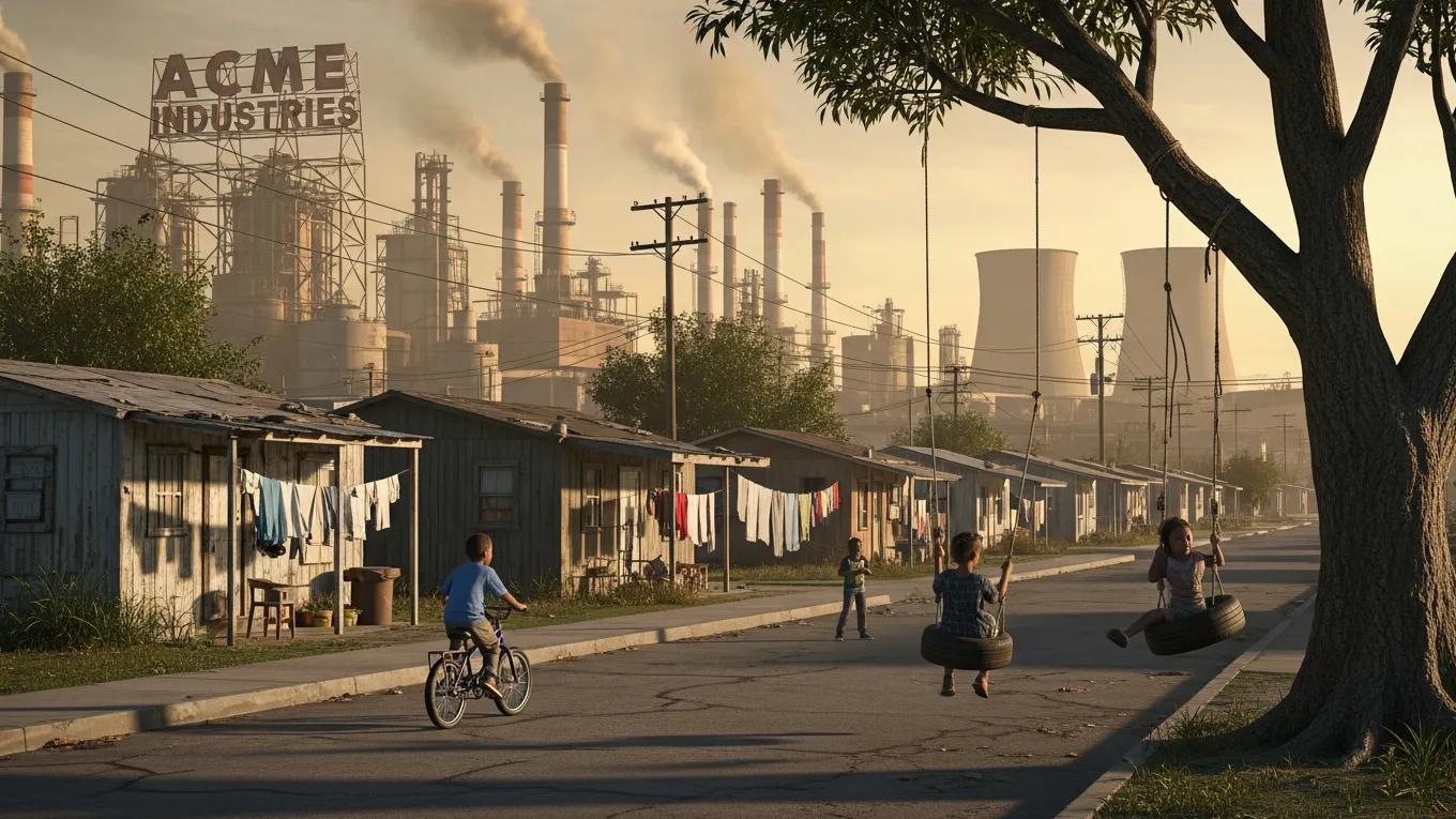 Low-income neighborhood affected by industrial pollution, showcasing children playing near environmental hazards