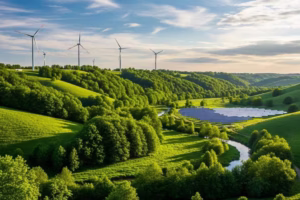 Lush green landscape with solar panels and wind turbines representing renewable energy and greenhouse gas reduction