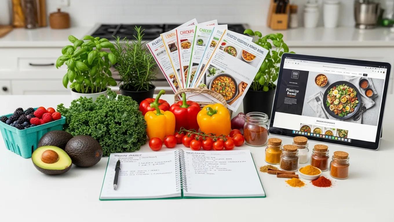 Meal planning setup with seasonal ingredients and plant-based recipes, illustrating practical steps for sustainable eating