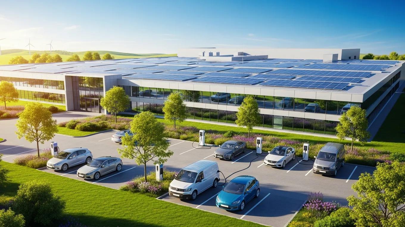 Modern factory utilizing solar energy and electric vehicles, representing new carbon emission standards