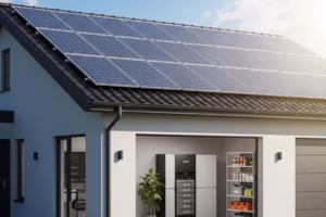Modern home with solar panels and home battery storage system showcasing energy independence