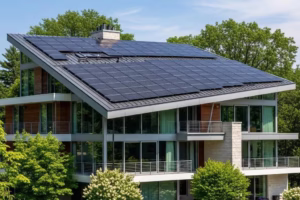 Modern home with solar panels on the roof under a clear blue sky, highlighting sustainable energy solutions