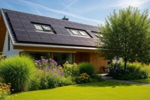 Modern home with solar panels representing sustainable energy savings