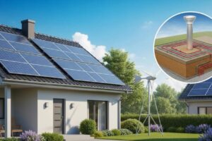 Modern home with solar panels, wind turbine, and geothermal system representing sustainable energy options