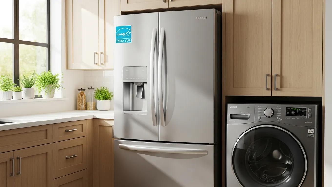 Modern kitchen with energy-efficient appliances like an Energy Star-rated refrigerator and washing machine