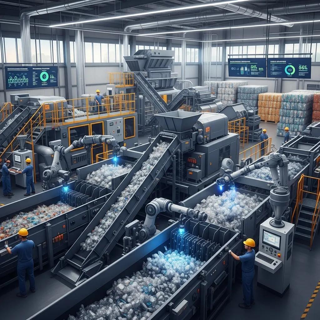 Recycling facility processing recovered plastics, illustrating advances in biodegradable materials and waste handling