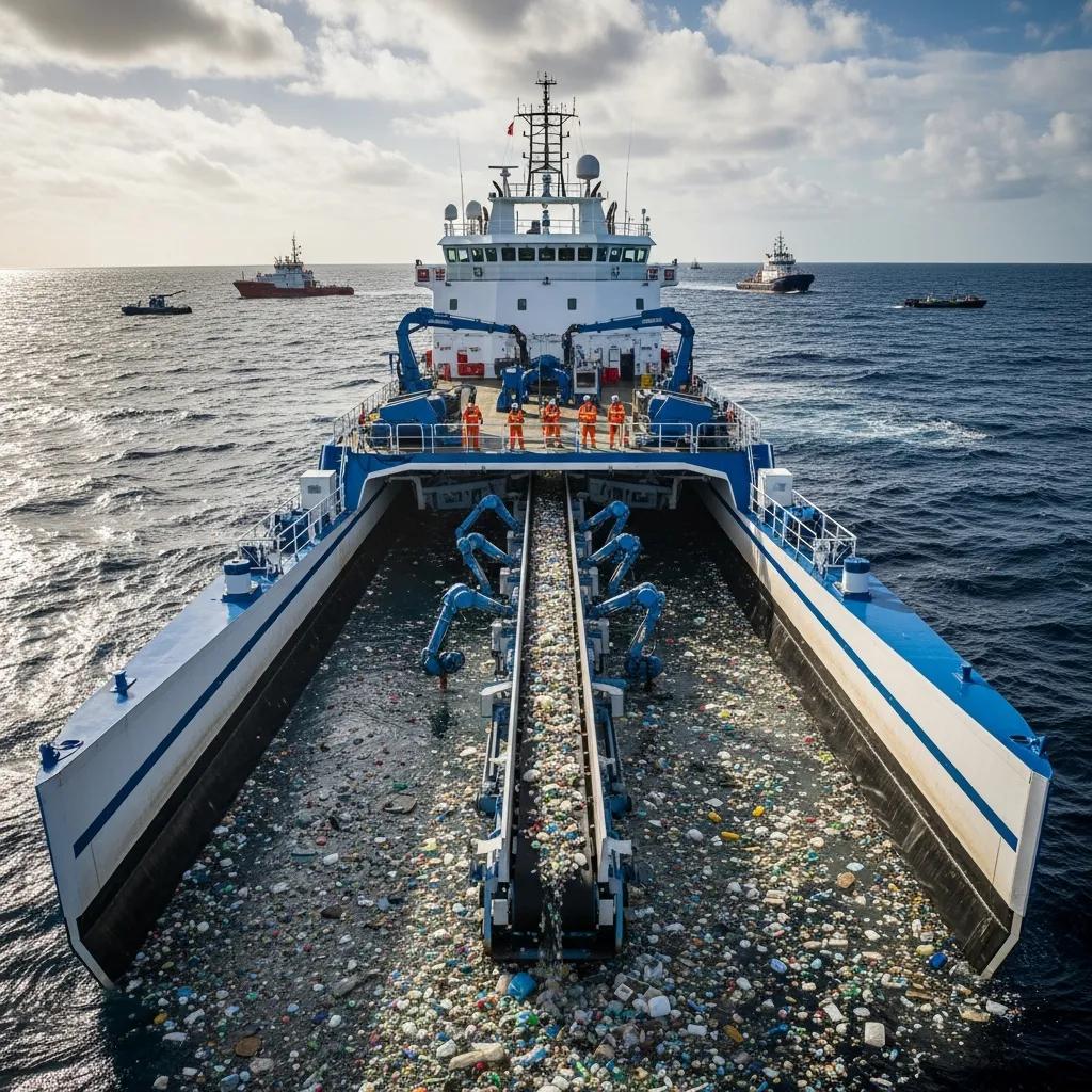 Ocean cleanup vessel collecting floating plastic, representing coordinated global cleanup projects