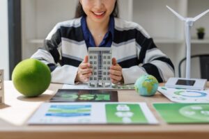 A smiling woman holds a model of a commercial building with various green, eco-friendly posters laid out on front of her.