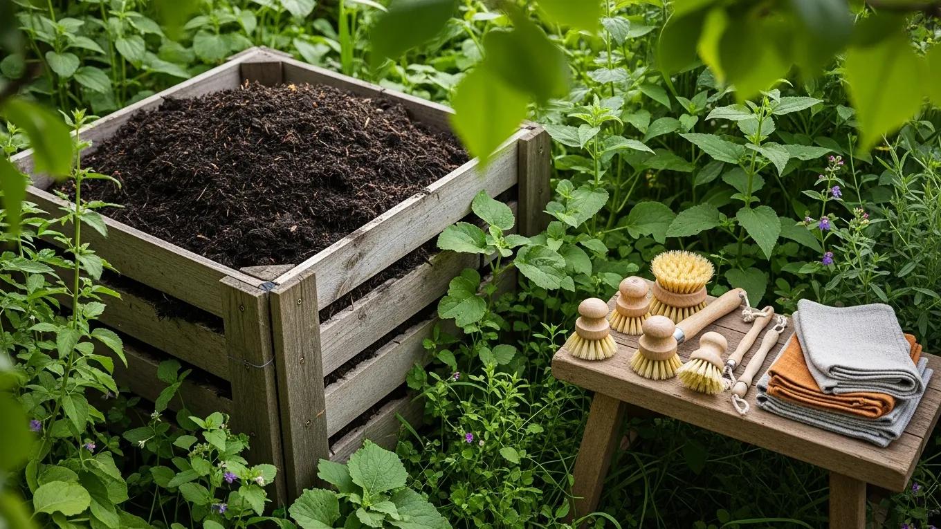 Outdoor compost bin with compostable dish brushes and natural fiber cloths in a green garden setting