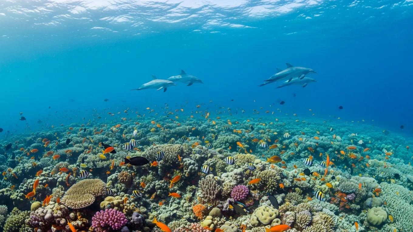 Panoramic view of a marine protected area with coral reefs and marine species, illustrating conservation efforts