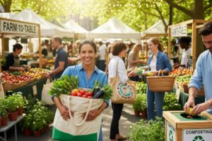 People practicing sustainable living with reusable bags and composting in a vibrant community setting