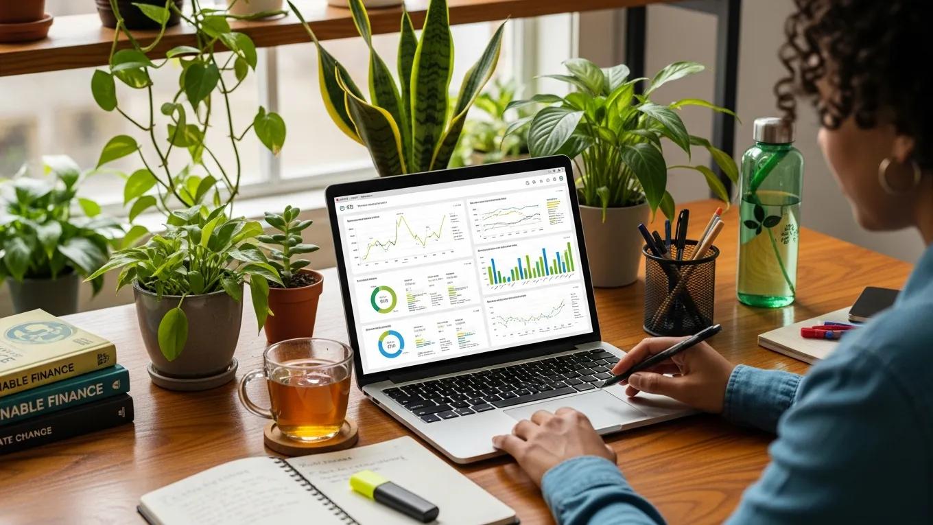 Person analyzing ESG investment options on a laptop surrounded by plants and sustainability materials
