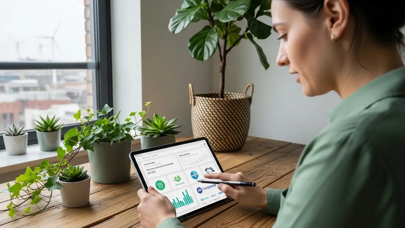 Person analyzing sustainable investment options in an eco-friendly workspace