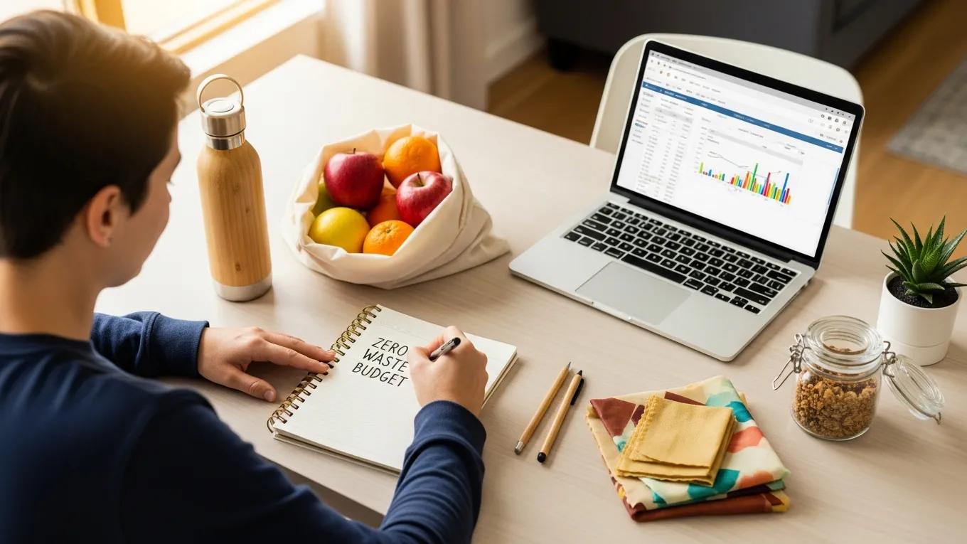 Person budgeting for a zero waste lifestyle with a laptop and eco-friendly products on the table