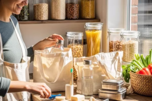 Person practicing zero waste living with eco-friendly products in a bright, inviting setting