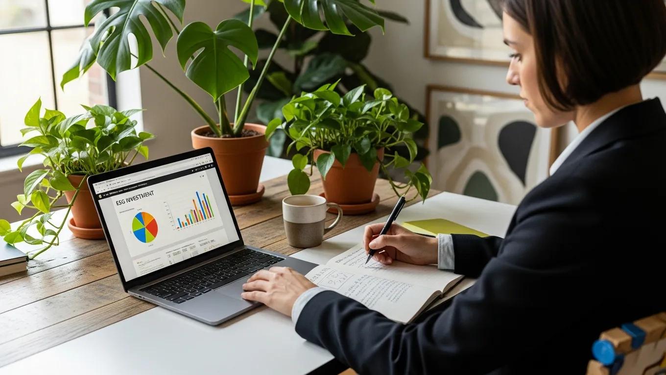 Person reviewing ESG investment reports on a laptop in a modern, green workspace