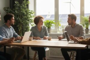 Professionals discussing energy innovation in a modern office setting with renewable energy elements, such as solar panels and plants, highlighting sustainable business practices.