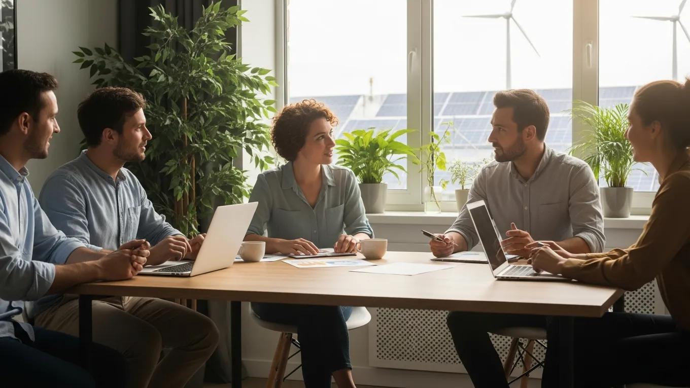 Professionals discussing energy innovation in a modern office with renewable energy elements