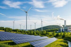 Renewable energy landscape featuring solar panels and wind turbines, emphasizing sustainable energy solutions and environmental impact.