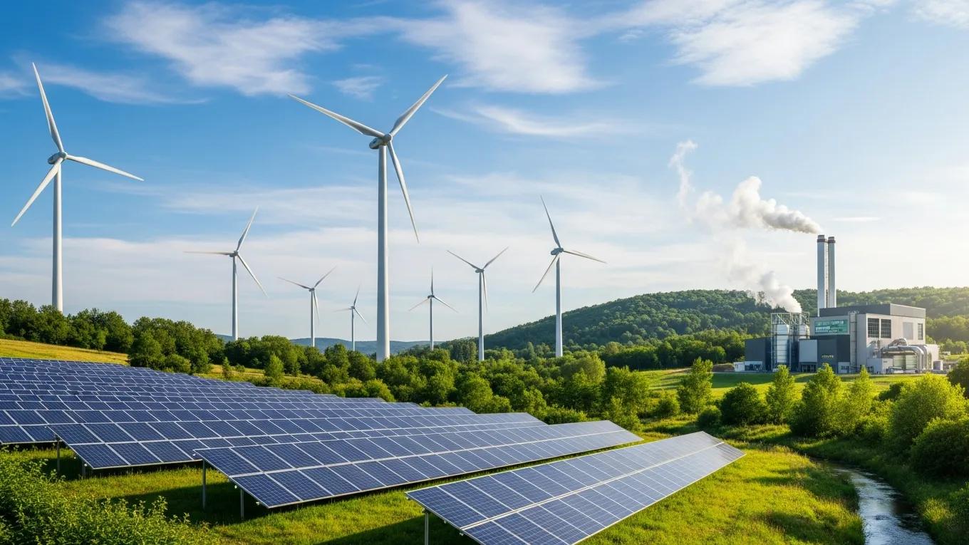 Renewable energy technologies including solar panels and wind turbines in a sustainable landscape