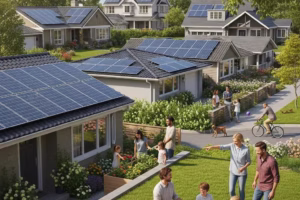 Residential neighborhood with solar panels on rooftops under bright sunlight