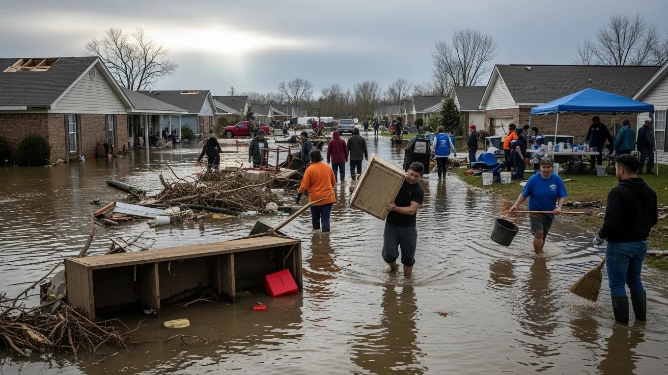 Residents of a flooded neighborhood working together to recover from climate change impacts, showcasing resilience
