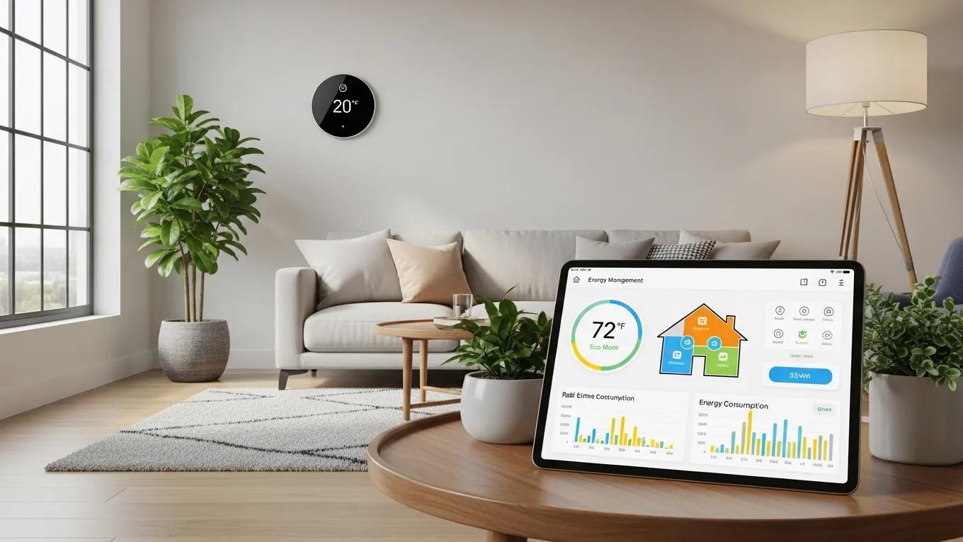 Smart home technology setup with a smart thermostat and energy monitor in a stylish living space
