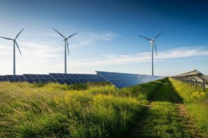 Solar panels and wind turbines representing renewable energy solutions