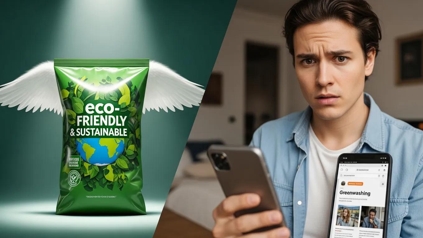 Split scene showing misleading green claims versus a skeptical consumer, illustrating greenwashing