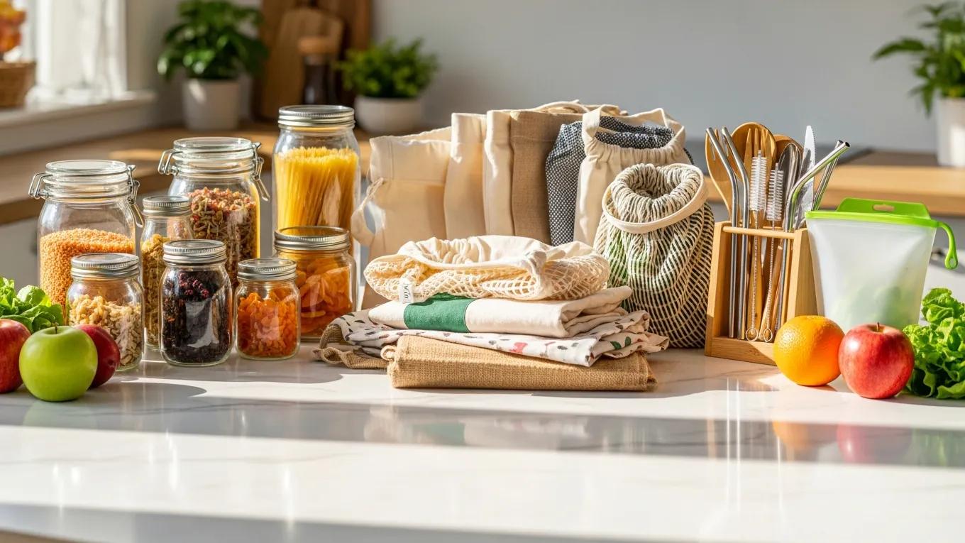 An array of stylish reusable items—bags, jars, and utensils—neatly arranged to suggest practical daily use