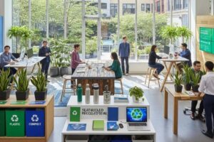 Sustainable business environment with recycling symbols and eco-friendly products