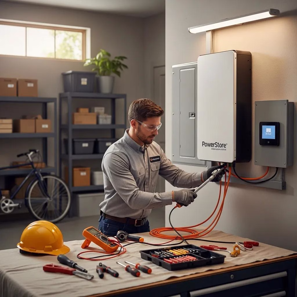 Technician fitting a home battery storage system, emphasizing professional installation and safety