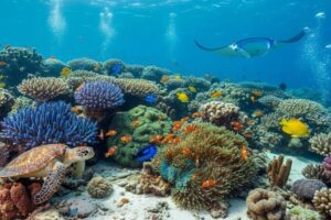Underwater scene showcasing diverse marine life in a vibrant coral reef ecosystem