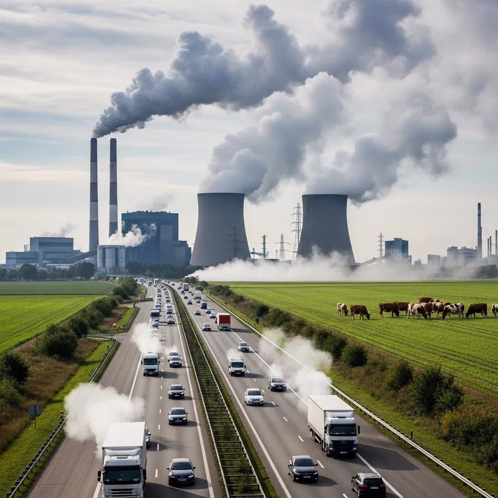 Icons representing transportation, energy, agriculture, and waste as key greenhouse gas sources