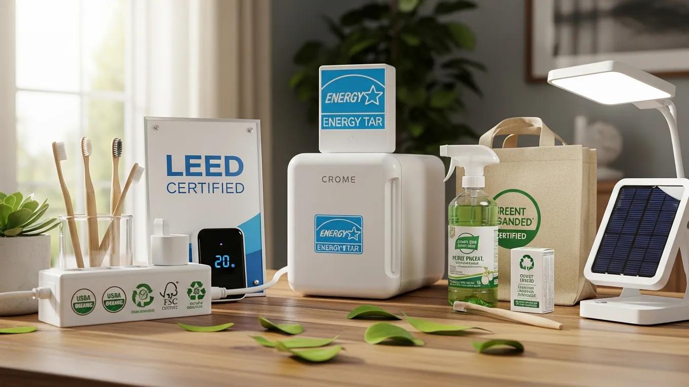 Various sustainability certification logos displayed with eco-friendly products