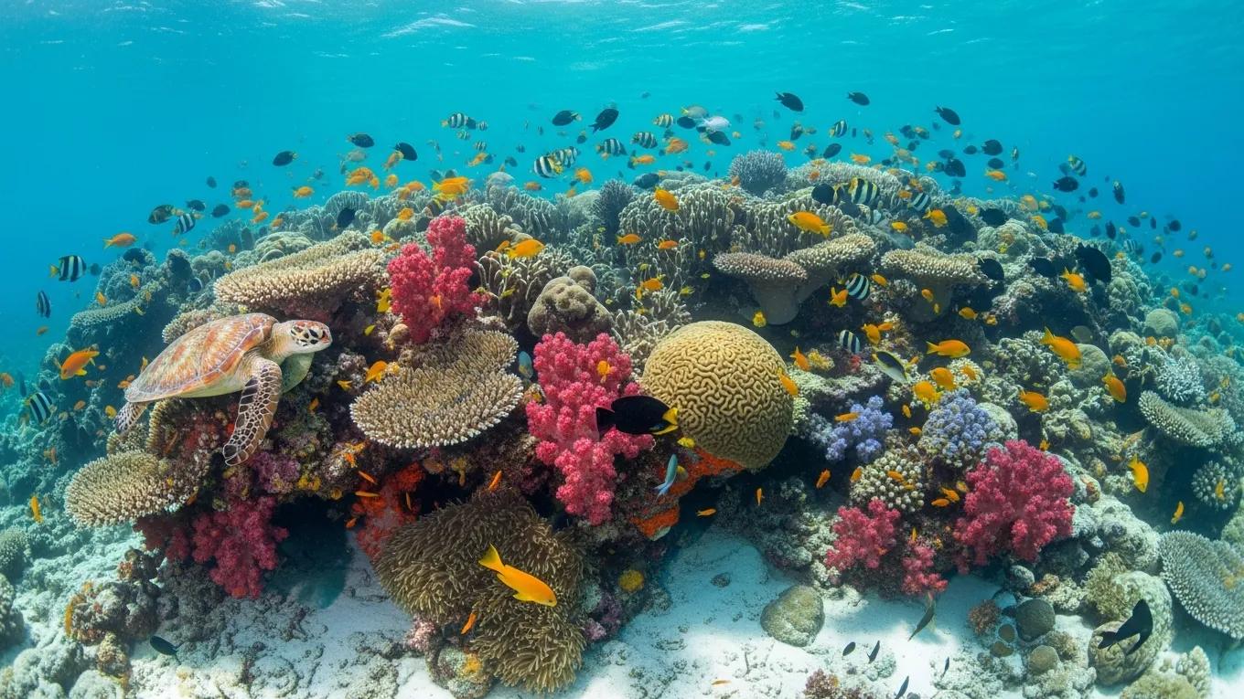 Vibrant underwater view of a Marine Protected Area with coral reefs and fish, illustrating the benefits of marine conservation