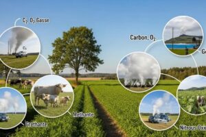 Visual representation of greenhouse gases including CO2, methane, and nitrous oxide in a natural environment