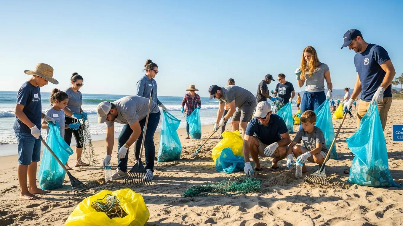 Volunteers participating in a beach clean-up, highlighting community engagement in marine conservation