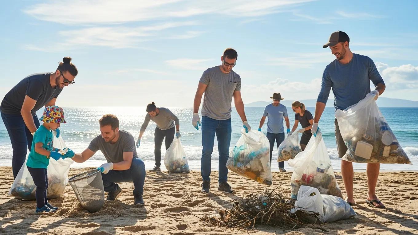 Volunteers participating in a beach clean-up to promote ocean sustainability and community engagement