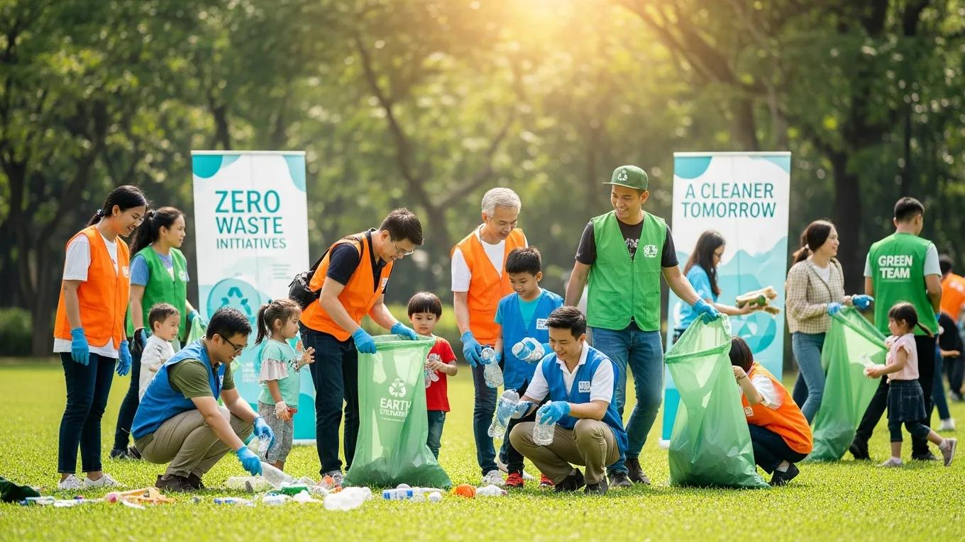 Volunteers participating in a community clean-up event, advancing zero waste goals and promoting sustainability