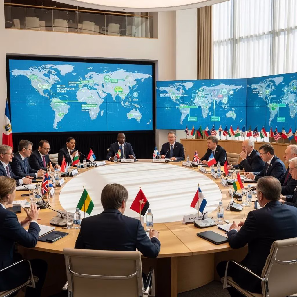 Delegates at an international climate conference discussing commitments under the Paris Agreement