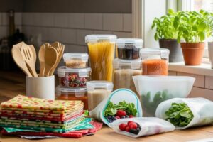 Zero waste kitchen essentials including beeswax wraps, bamboo utensils, and glass containers in a cozy kitchen setting