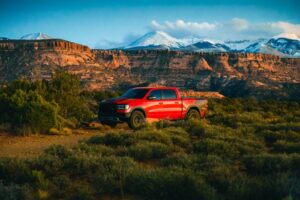 A red pickup truck parked on a dirt road between multiple green bushes with a snowy mountain in the background.