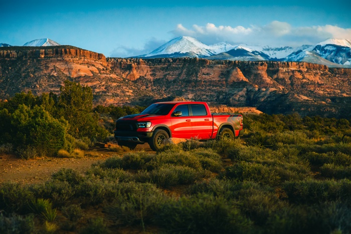 A red pickup truck parked on a dirt road between multiple green bushes with a snowy mountain in the background.